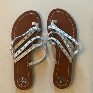Tory Burch White Leather Studded Thong Sandals